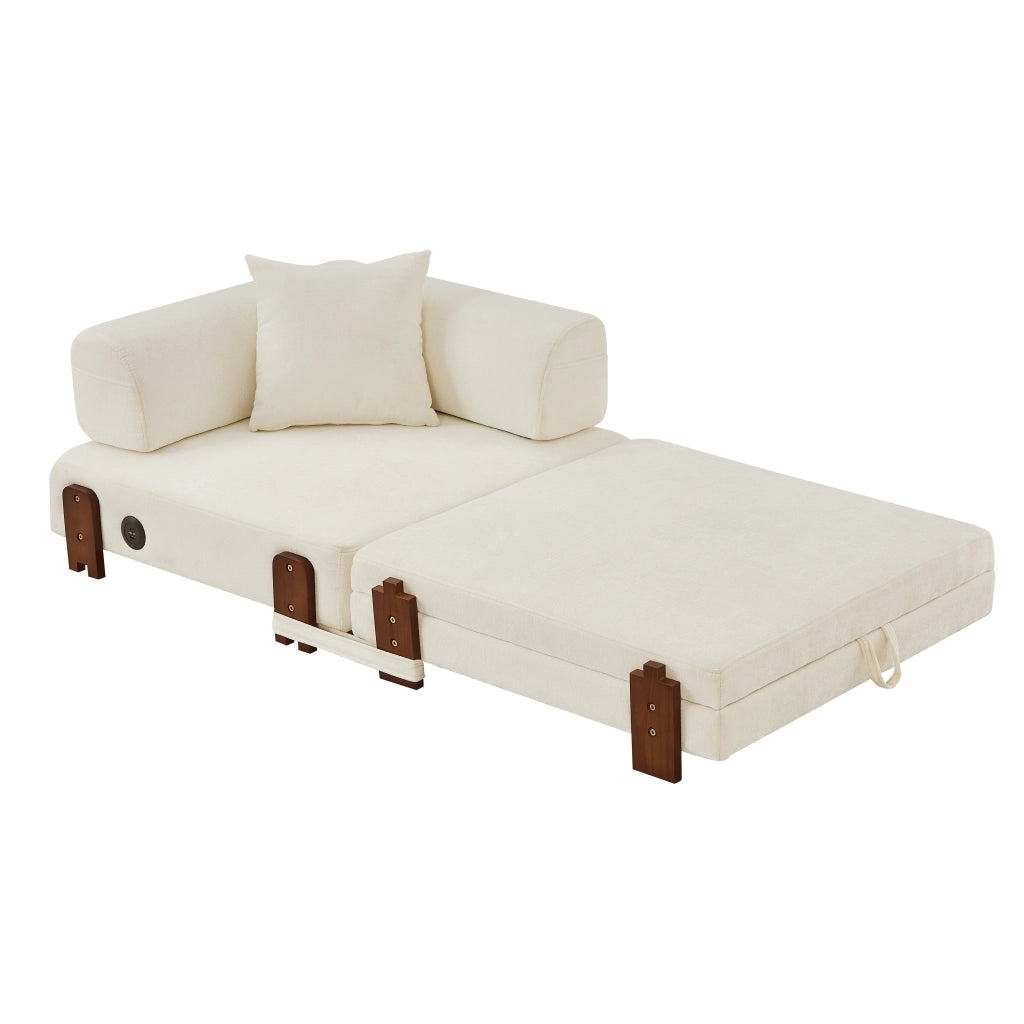 Divano letto pieghevole con contenitore; porte USB e tipo C; tasche laterali e cuscino in tessuto beige