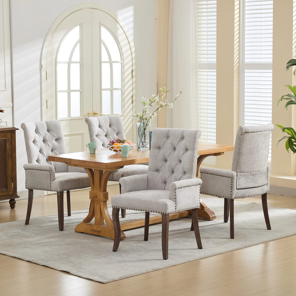 Sedia da pranzo, venduta singolarmente, tessuto chenille, gambe in legno massello, con braccioli, grigio chiaro