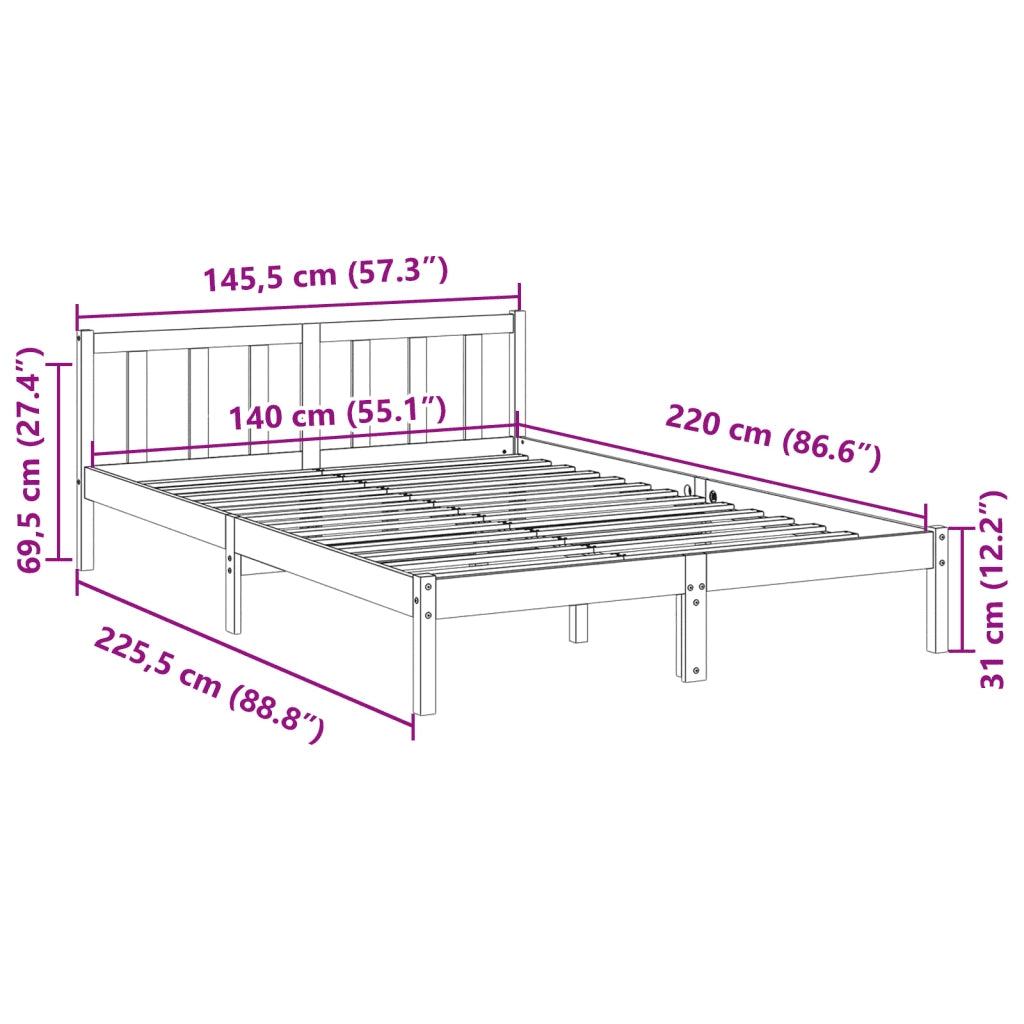 Letto Extra Lungo senza Materasso 140x220cm Legno Massello Pino