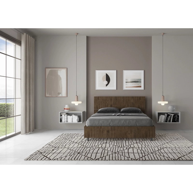 Letto Matrimoniale francese 140x190 cm testata dritta Demas - Contenitore,Noce