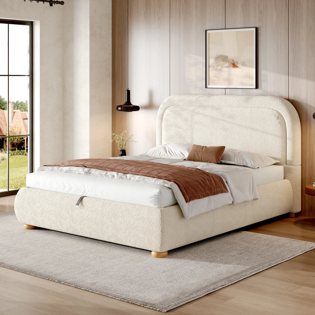LETTO Contenitore 140x190 cm Bouclé Beige con sommier a doghe