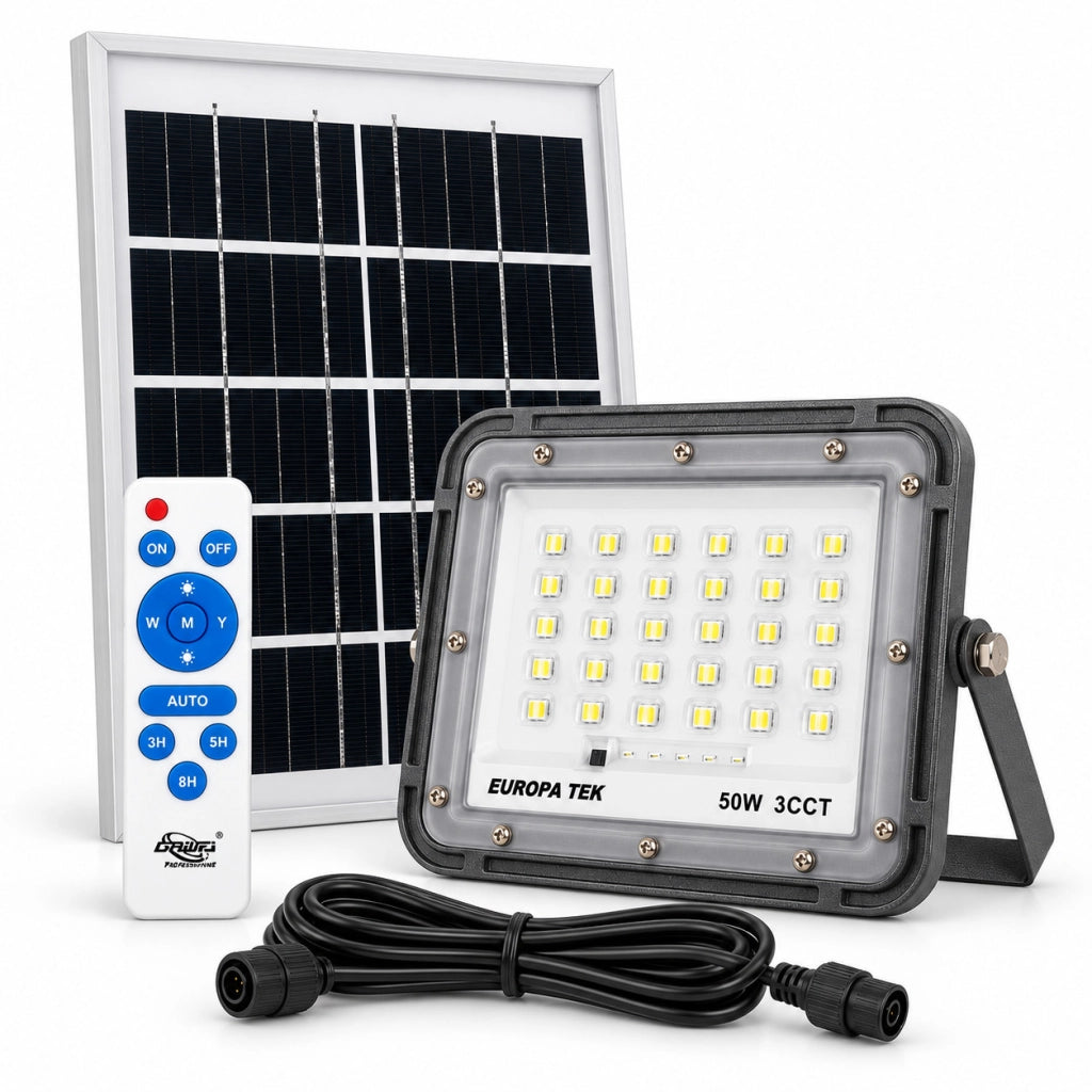 FARO LED SOLARE 50W ESTERNO 3CCT TELECOMANDO IP65 PANNELLO LUCE 120° ET-31772