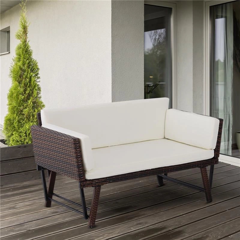 DIVANO DA GIARDINO 2 POSTI TRASFORMABILE IN LETTINO IN RATTAN BIANCO 129X66X67CM