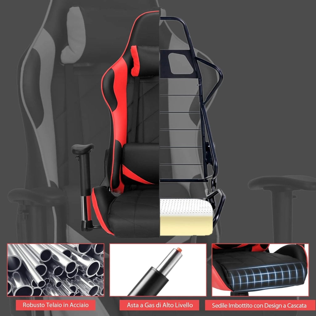 Sedia da Gaming Girevole a 360°, Sedia Ergonomica per Computer per Gaming con Poggiatesta e Cuscino Lombare, Angolo Reclinabile Regolabile (Rosso)