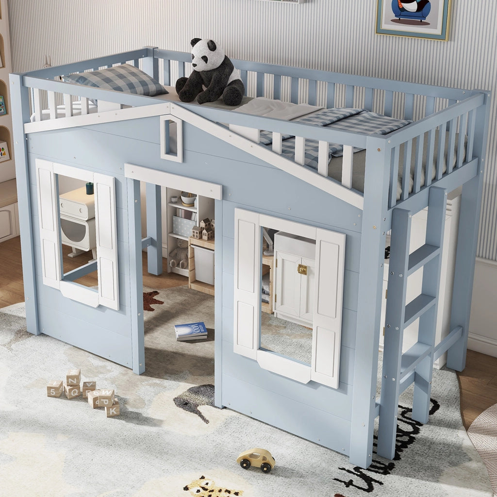 LETTO a soppalco per bambini 90x200 cm in pino e MDF bianco/blu