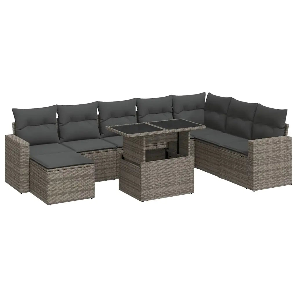 Set Divano da Giardino 9 pz con Cuscini Grigio in Polyrattan