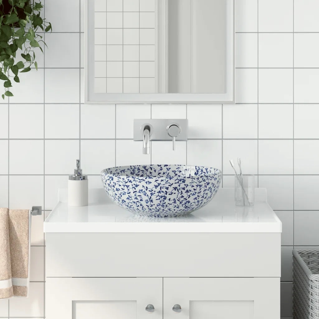 Lavabo da Appoggio Bianco e Blu Rotondo Φ41x14 cm Ceramica 155050