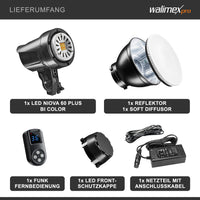 Niova 60 Plus Bi Colour luce video LED dimmerabile con riflettore Bowens e diffusore morbido I Luce da studio con tecnologia COB LED I 3200-5600 K, CRI=93 I Luminosità regolabile