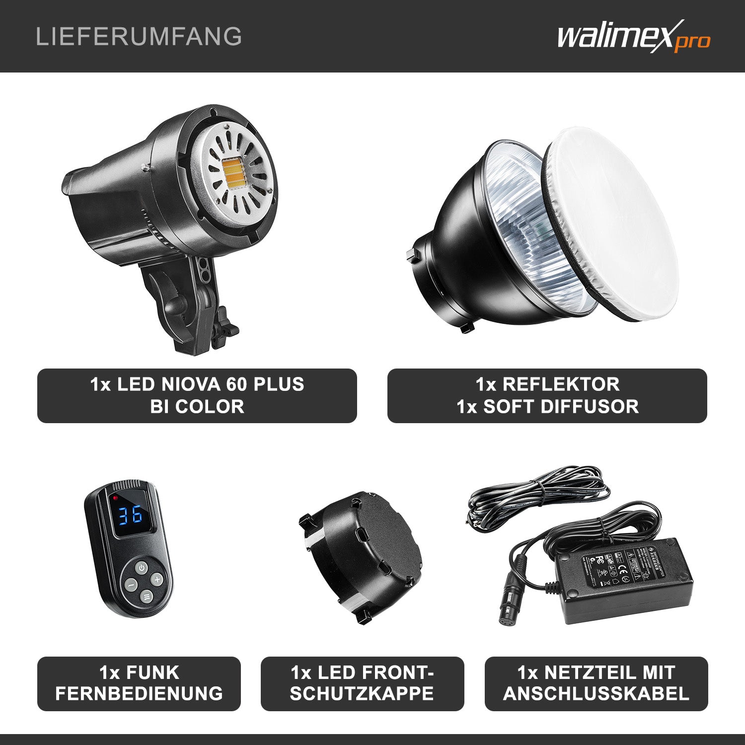 Niova 60 Plus Bi Colour luce video LED dimmerabile con riflettore Bowens e diffusore morbido I Luce da studio con tecnologia COB LED I 3200-5600 K, CRI=93 I Luminosità regolabile