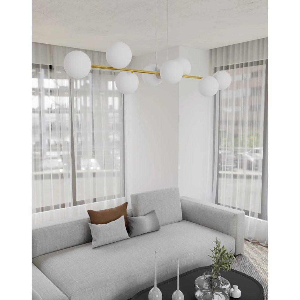Lampada a sospensione Gravity con diffusori in vetro e dettagli oro