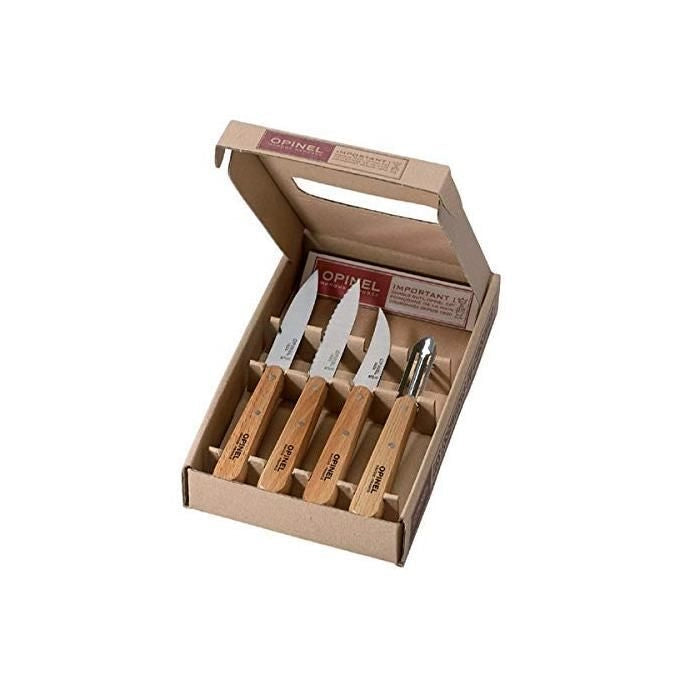 OPINEL 254152 Les Essentiels Set di 4 Coltelli da Cucina Lama in Acciaio Inox Sandvik 12C27 Manici in Legno di Faggio colore Naturale