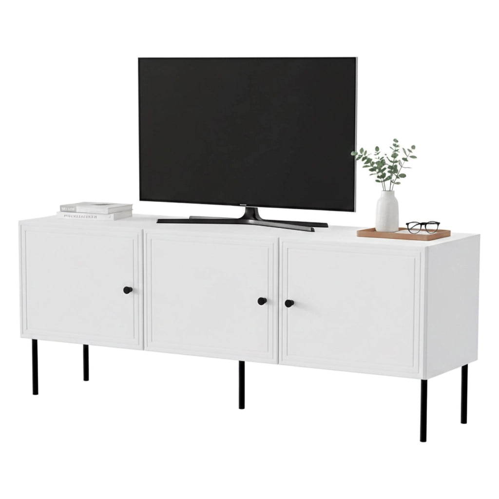 Mobile porta TV Sarzana, Madia da salotto con tre ante battenti, Rialzato da terra, 151x40 h60 cm, Bianco