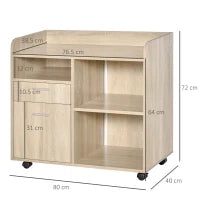 Mobile Porta Stampante, Mobile Ufficio, Mobiletto Basso, Mobile Multiuso con 4 Ruote, Rovere, 80x40x72cm