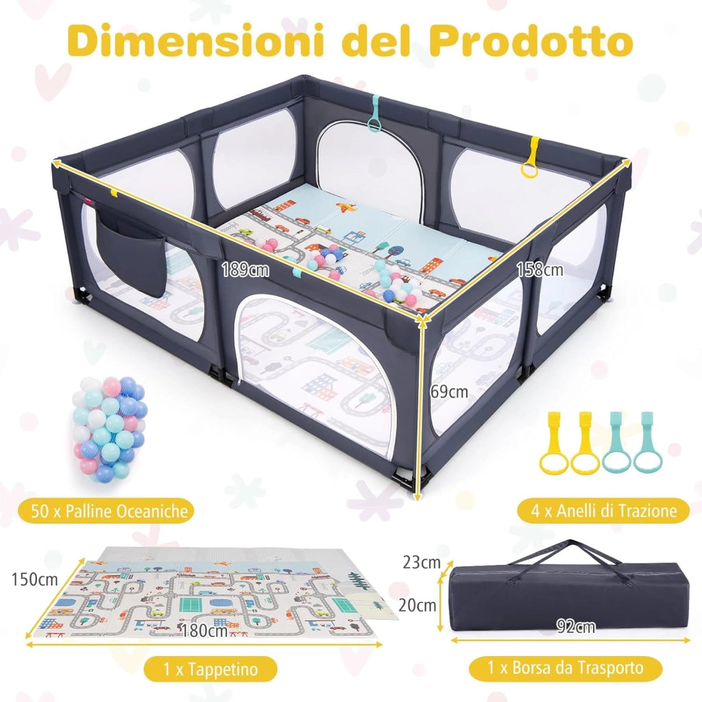 Box per Bambini con Materassino, Recinto per Bambini con 4 Anelli e 50 Palline Colorate, Rete Traspirante, Tasca e Borsa, Box Giochi per Bambino 0-3 Anni (Grigio Scuro, 189 x 158 cm)