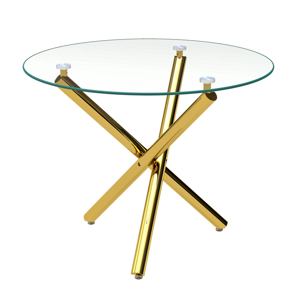 Tavolo da Pranzo Rotondo ¨C MINIMAL ¨C Piano in Vetro Temperato, Gambe Dorate, 80x80x76