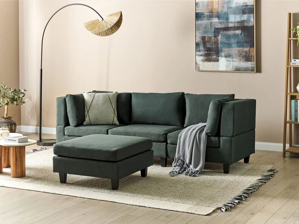 Divano Componibile Rivestito In Tessuto Verde Scuro 3 Posti con ottomano stile moderno