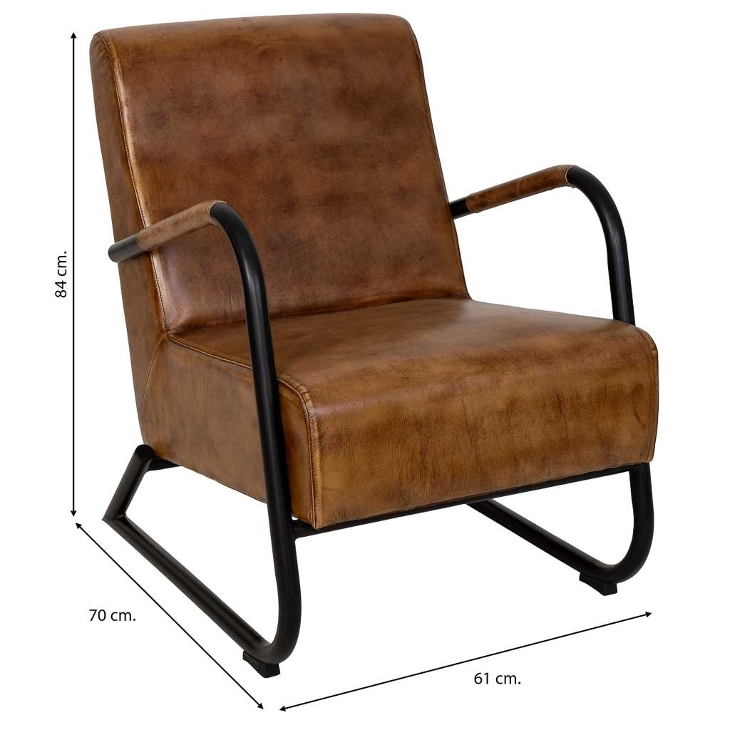 Poltrona in metallo rivestita in pelle marrone, dimensioni 61x70x84 cm