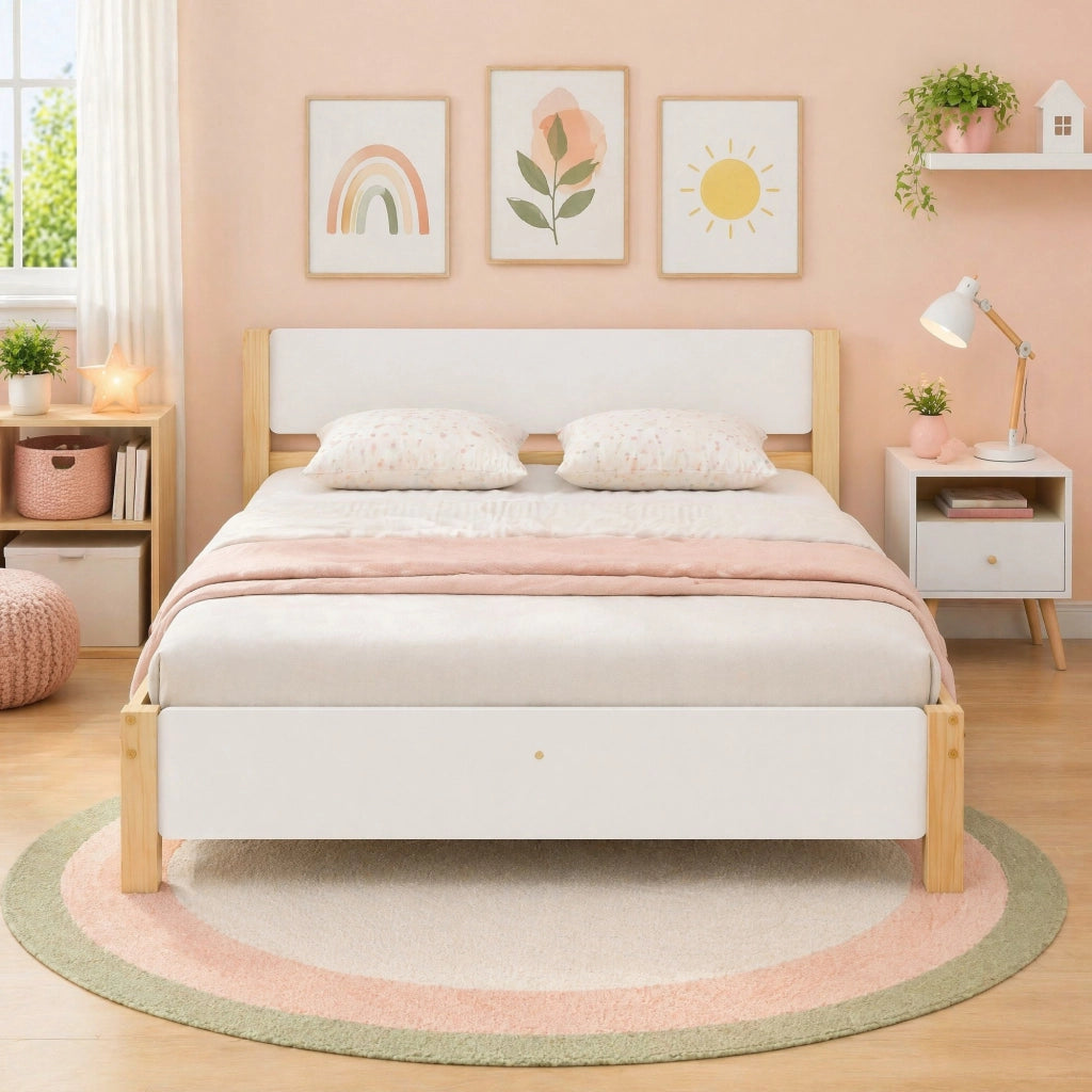 LETTO Matrimoniale 140x200 cm Bianco e Naturale in legno e MDF