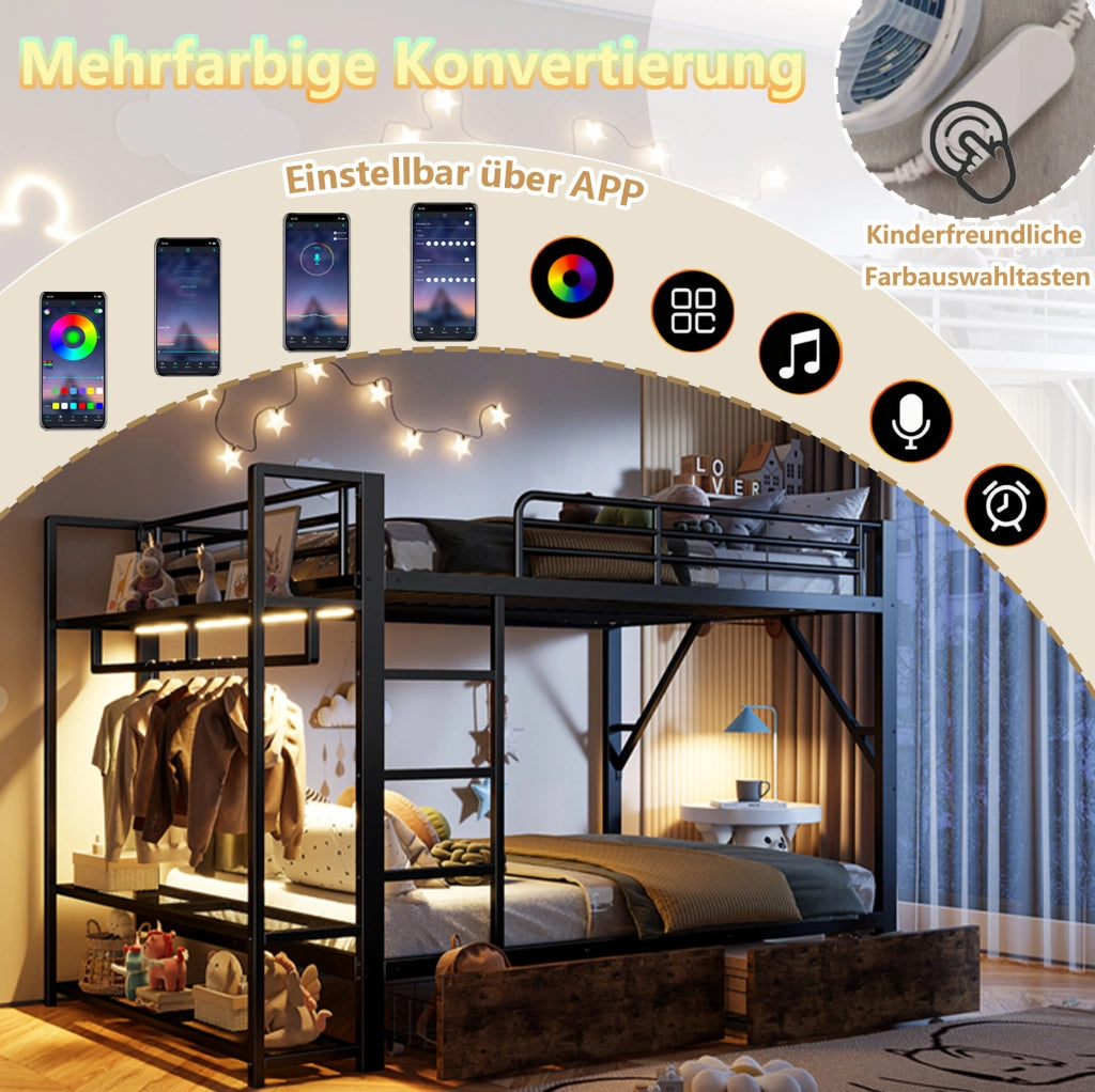 Letto a castello 140x200 cm con LED e 2 cassetti