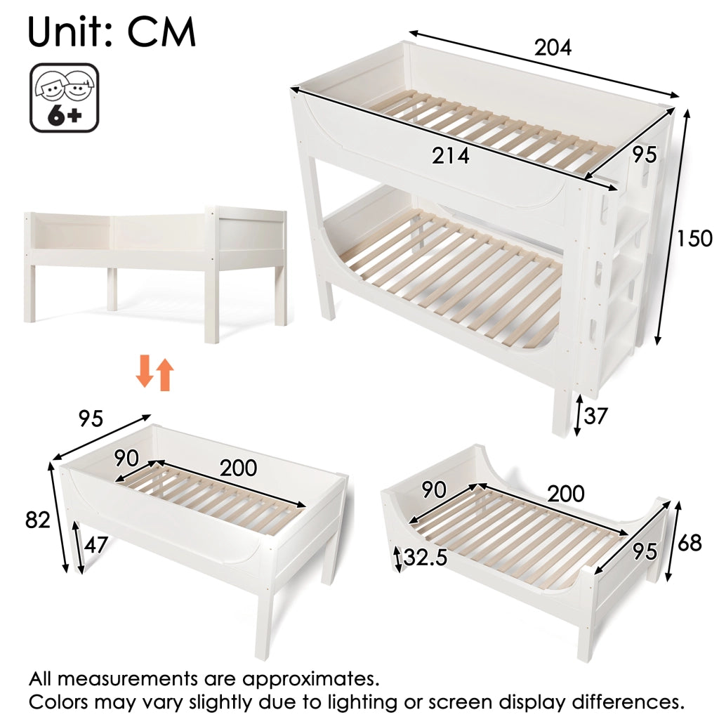 Letto a castello separabile 90x200 cm con scala reversibile; bianco; in legno e metallo