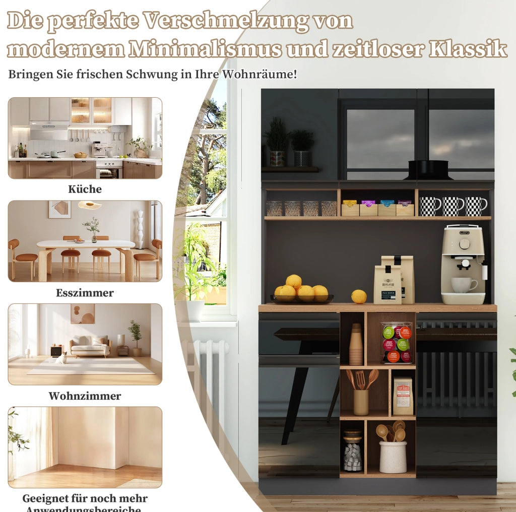 Credenza alta da cucina 105x45x185 cm in MDF antracite e nero lucido con ante e cassetto