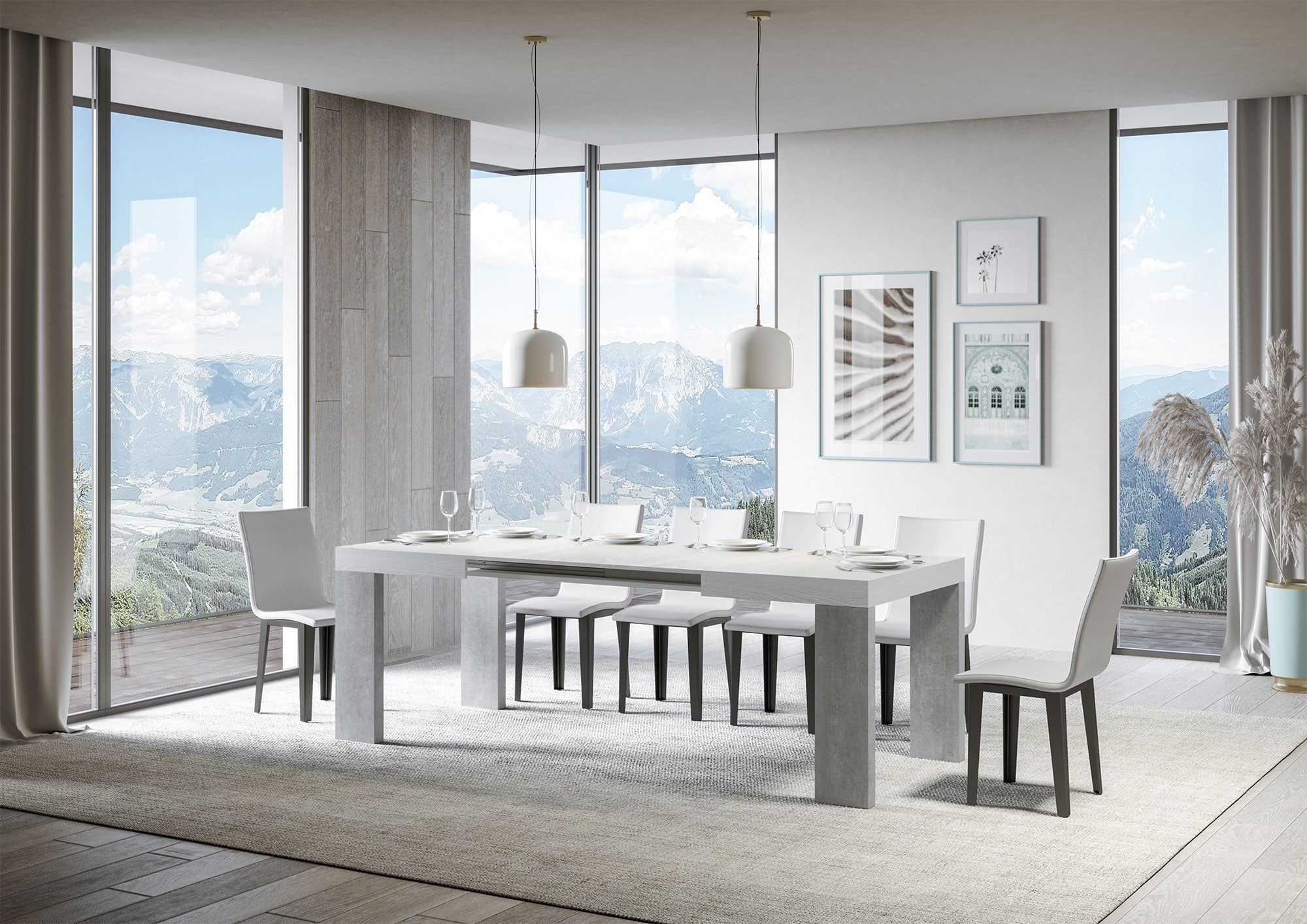 Tavolo Allungabile 130/234x90x77 cm Roxell Mix piano Bianco Frassino gambe Cemento