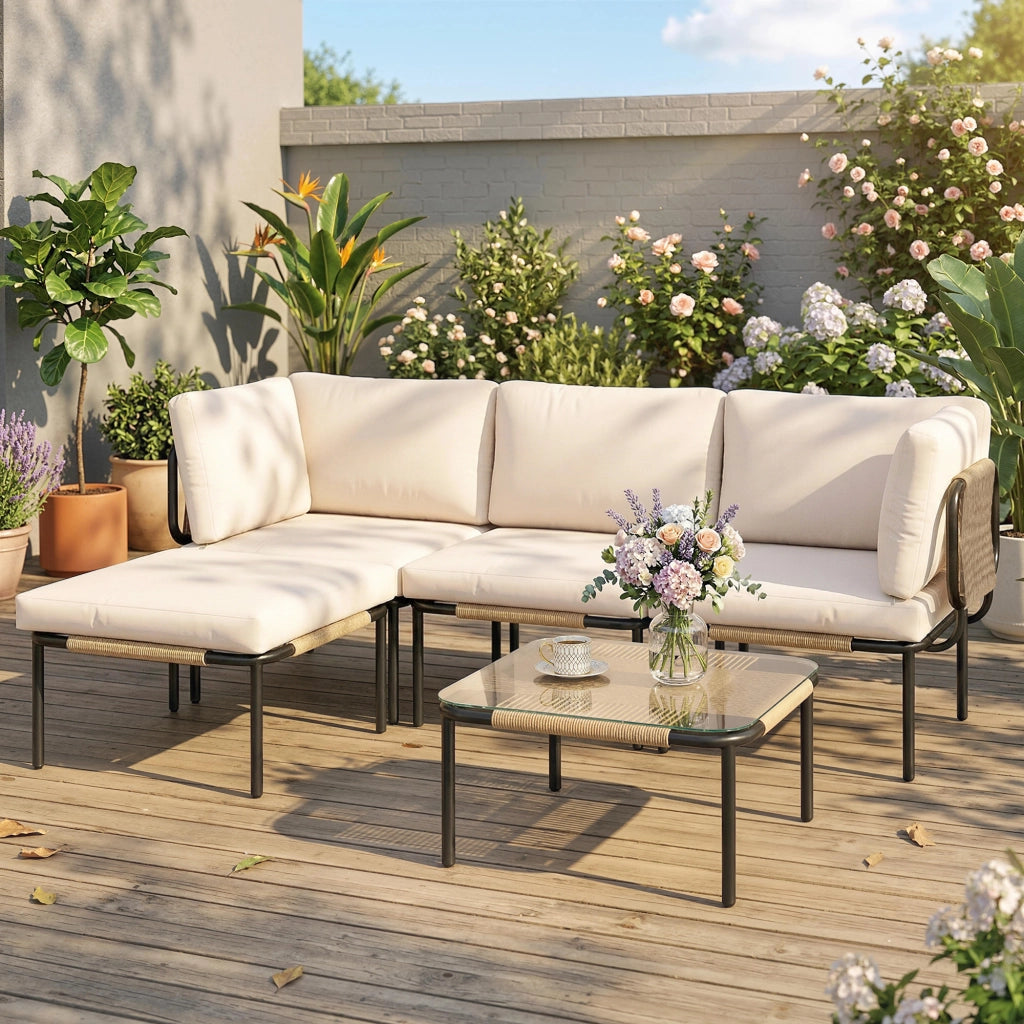 Set Divano da Giardino Polyrattan 5 Pezzi ¨C Zephmum ¨C Grigio con Tavolino Vetro e Cuscini