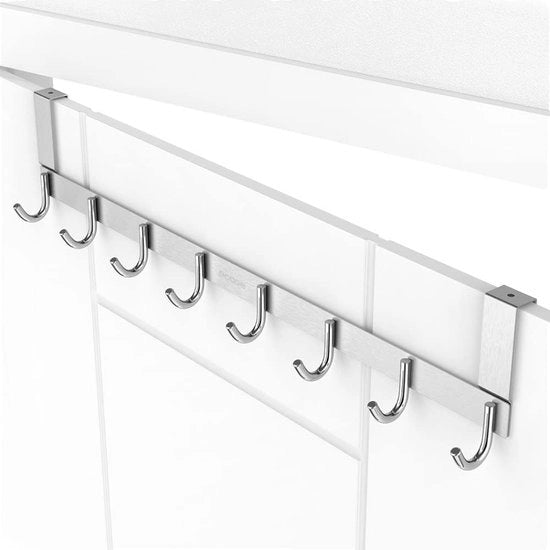 Deurhanger con Rail in Acciaio Inossidabile con 8 Ganci Removibili, Deurhanger in Acciaio Inossidabile per la Porta, Senza Foratura, Hanger per Abbigliamento, Deurhanger per Porta con Dickezza Massima della Scheda fino a 2 cm.