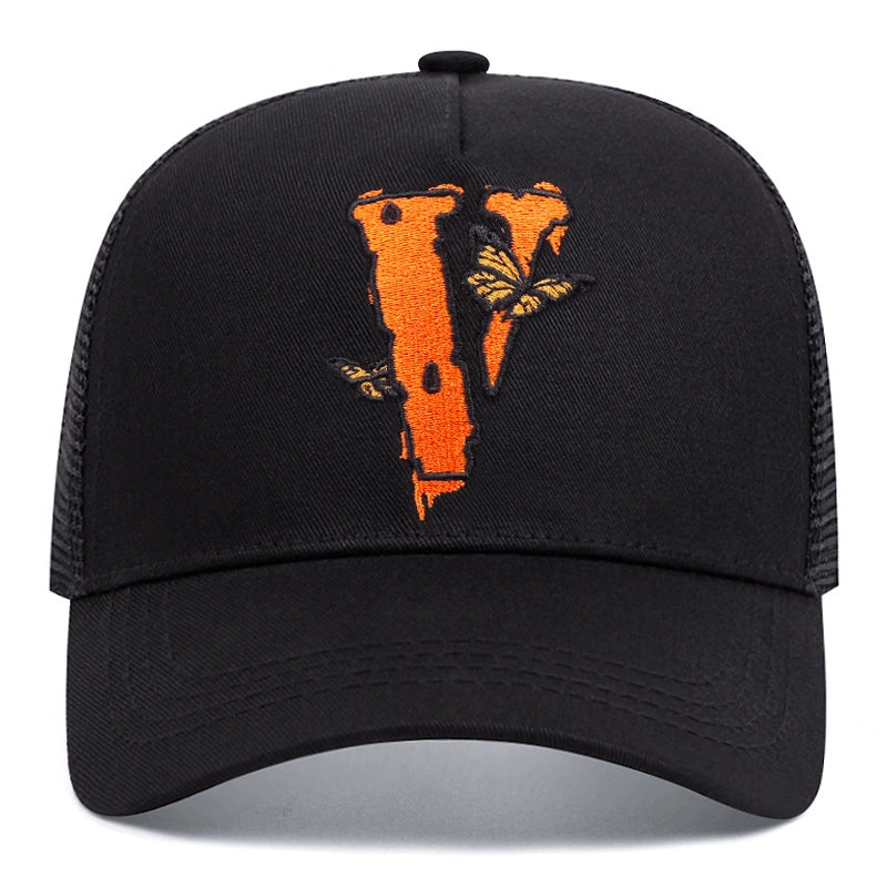 Cappellino da baseball casual regolabile con ricamo a farfalla V, colore nero
