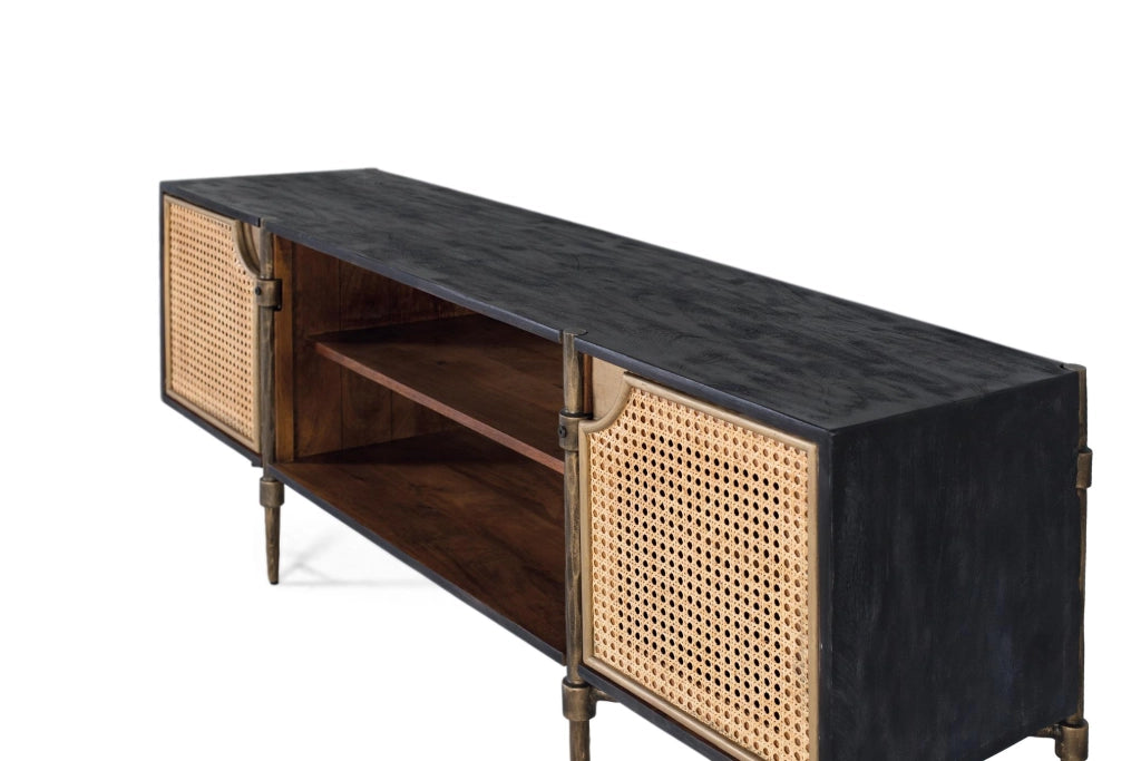 Mobile TV in legno di mango con ante in canna e gambe in bronzo