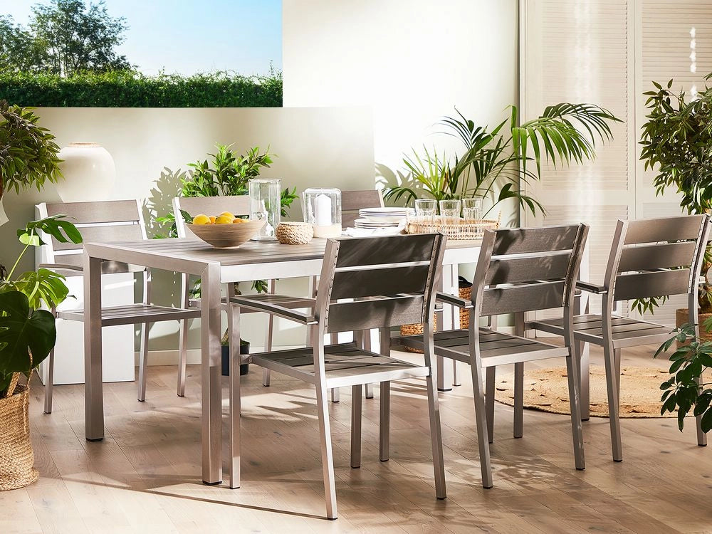 Set da Giardino 6 Sedie Tavolo Rettangolare Grigio in Legno e Alluminio Anodizzato
