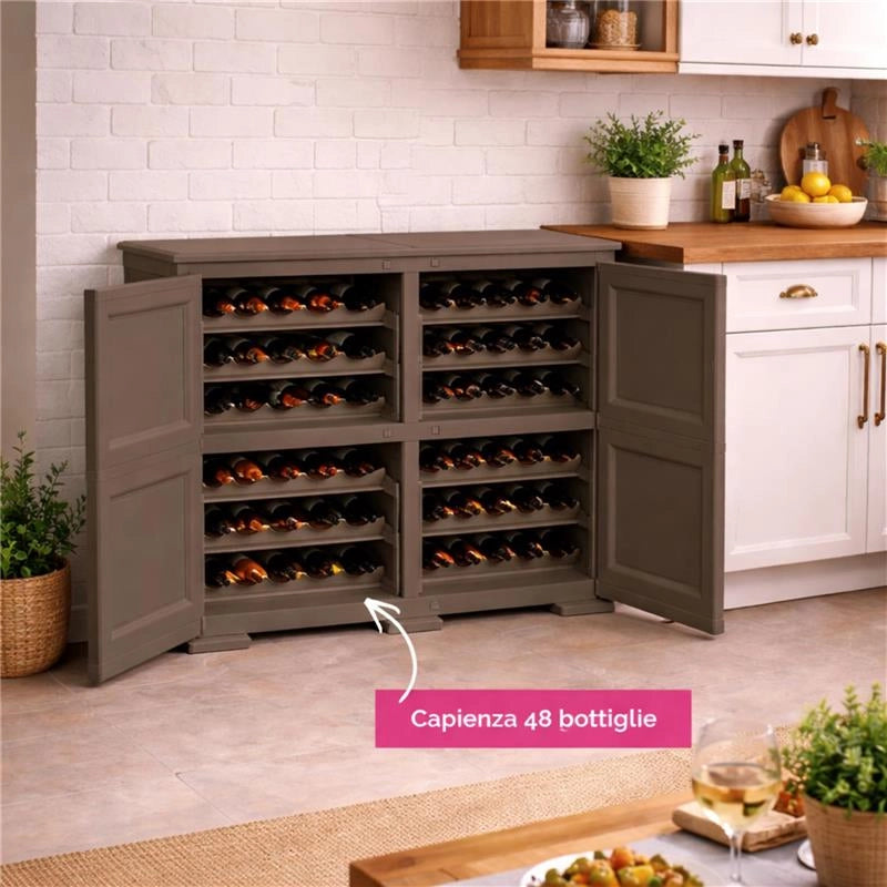 ARMADIO PORTABOTTIGLIE 48 BOTTIGLIE WENGÉ 79X43X85,5 CM CON ANTA LISCIA – CANTINETTA MODULARE CHIUSA PER SOGGIORNO E ZONA PRANZ