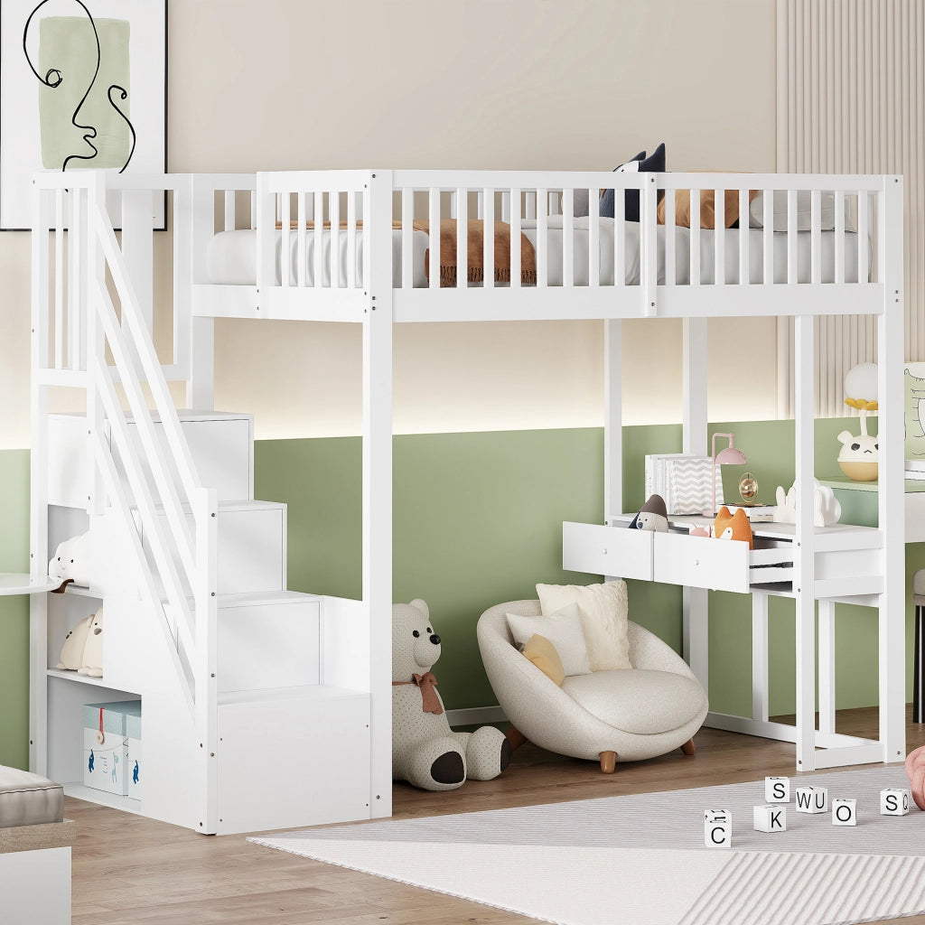 Letto a soppalco 90 x 200 cm; singolo con scala contenitore e scrivania; senza materasso; Bianco