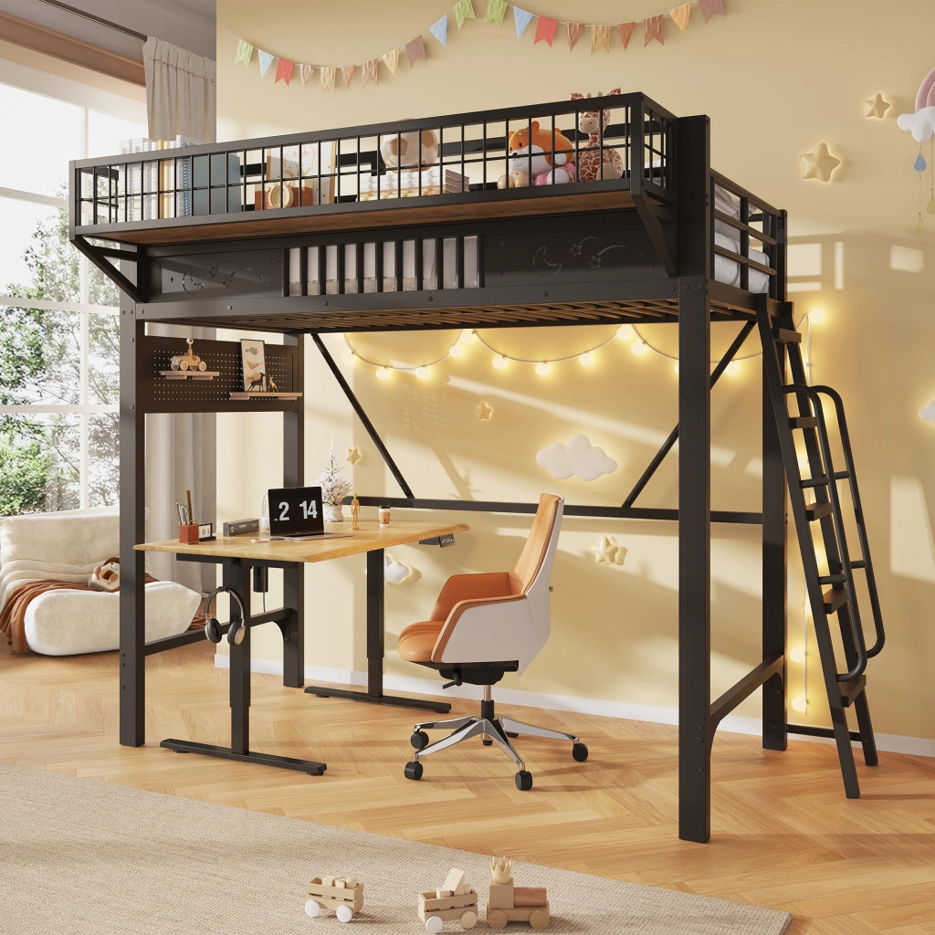 Letto a soppalco per bambini 90x200 cm; in metallo con vani portaoggetti integrati e spazio inferiore aperto; nero