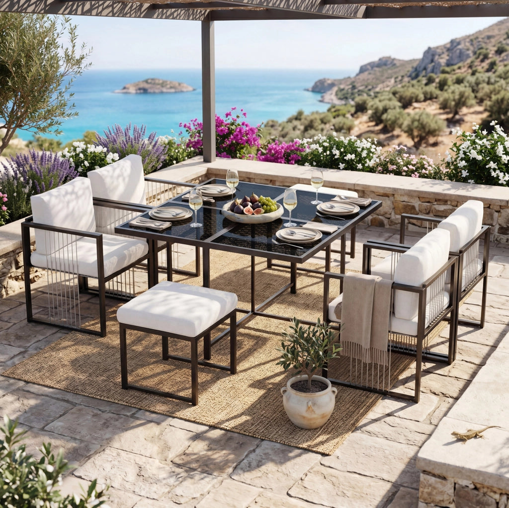 Set da pranzo da esterno 7 pezzi per 6 persone con tavolo 117x117 cm in vetro temperato; nero e bianco