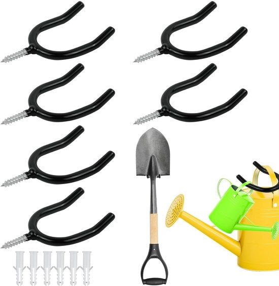 Organizzatore di attrezzi per attaccare al muro, attaccabibite per attrezzi da giardino, organizzatore di attrezzi per giardino, organizzatore di attrezzi per attaccare al muro, 6 pezzi, nero, materiale metallico