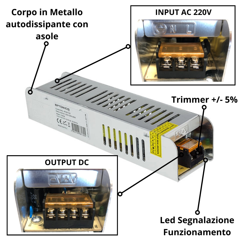 Alimentatore slim 100w 12v 8.5a per strisce led interna ip20