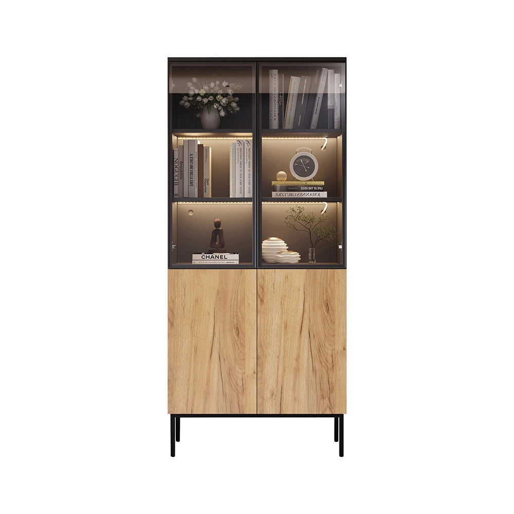 Armadio vetrina con illuminazione LED - Xylo - 180 cm - Nero/Quercia - 5 ripiani in vetro per collezioni