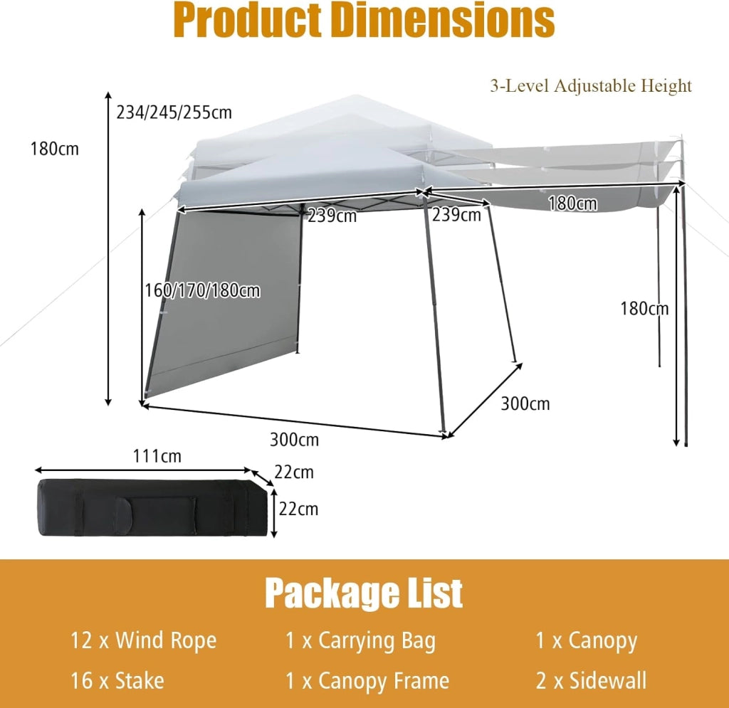 Tenda Pieghevole 3X3, 2 Pareti Laterali Rimovibili con Cerniera, Design Pop-up per Gazebo da Giardino, Borsa Portatile con Ruote, Altezza Regolabile, Grigio