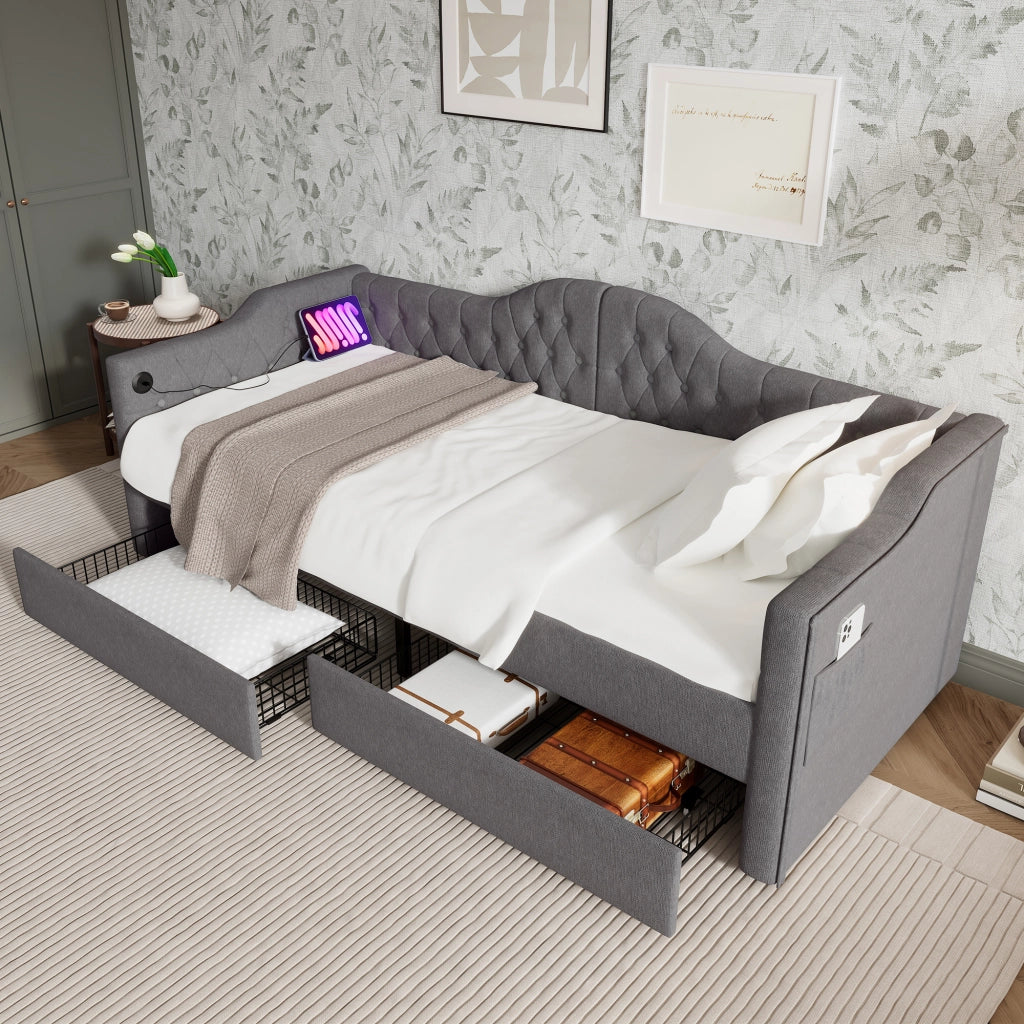 Letto Divano 90 x 200 cm; Letto Singolo con USB; Tipo C e 2 Cassetti; senza Materasso; Lino Grigio