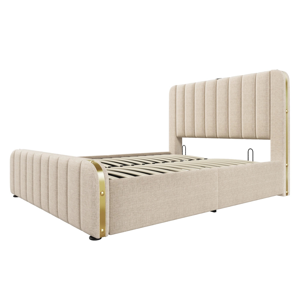 Letto matrimoniale imbottito ULEVR 140x200 cm con contenitore idraulico, USB e Type-C, lino beige
