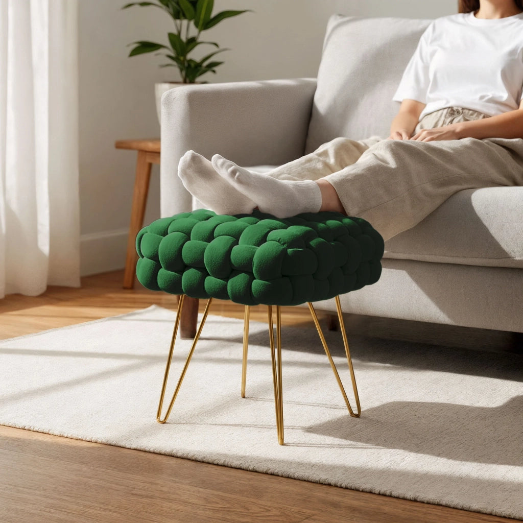 Pouf sgabello in velluto intrecciato 38 cm DOTTY Verde Bottiglia