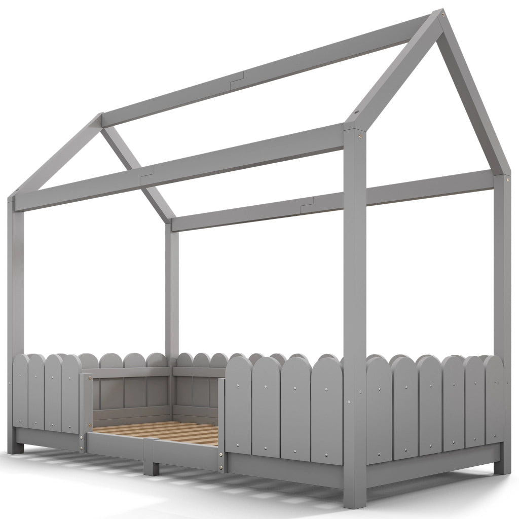 Letto a casa 90x200 cm grigio in legno massello con rete a doghe e protezione anticasco