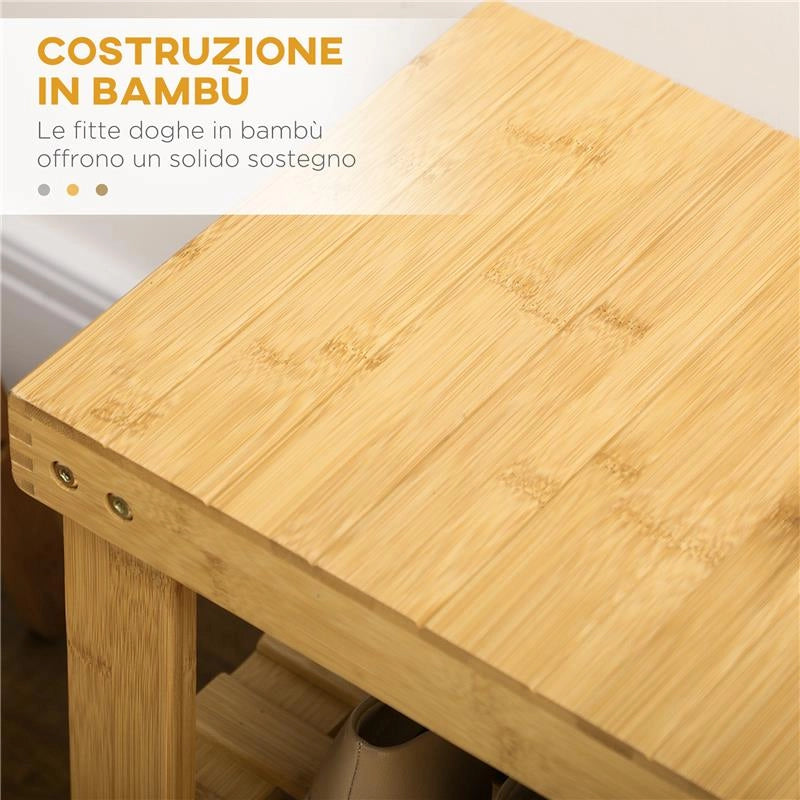 PANCA SCARPIERA BASSA IN BAMBÙ CON 2 RIPIANI A DOGHE E SEDUTA 70X28X45 CM NATURALE