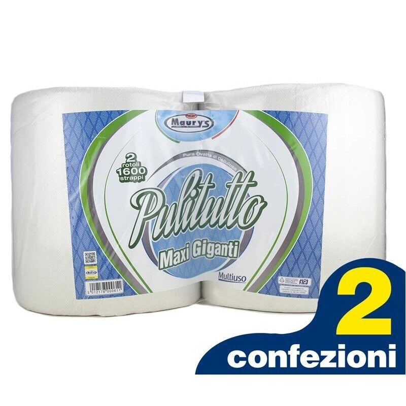 2 MAURY'S CARTA ASCIUGATUTTO INDUSTRIALE 2 ROTOLI PULITUTTO MAXI GIGANTI 1600 STRAPPI 3600GR HACCP