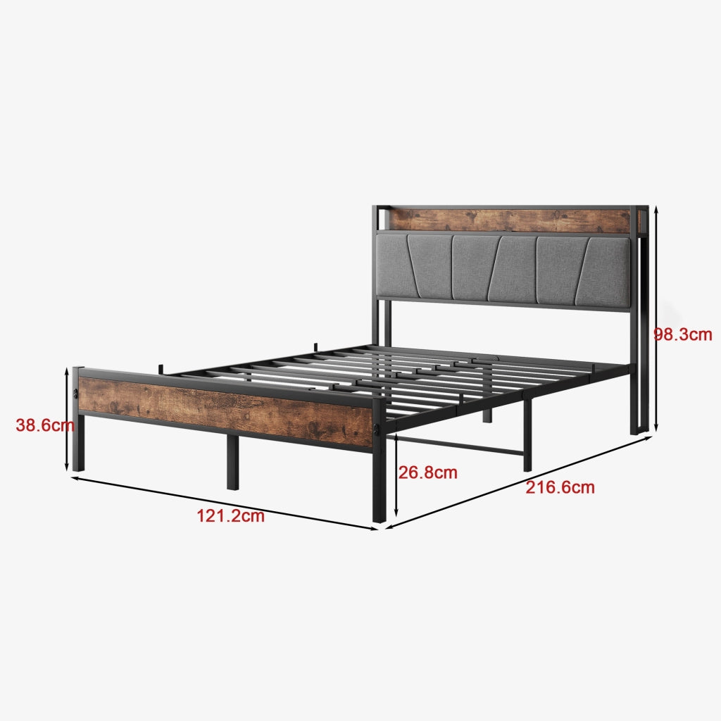 Struttura letto 120 × 200 cm con testiera contenitore; LED; USB e presa; metallo e MDF marrone antico