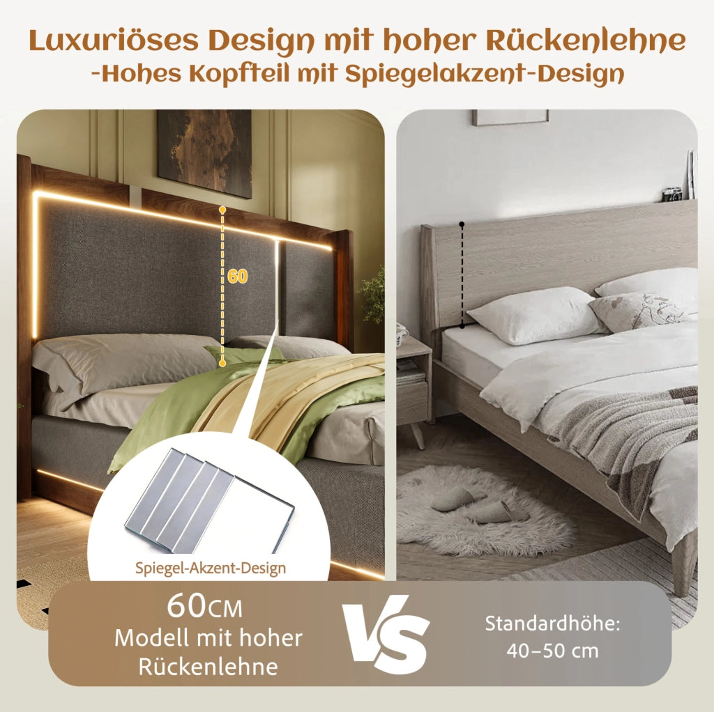 Letto matrimoniale 140x200 con LED, contenitore e rete a doghe