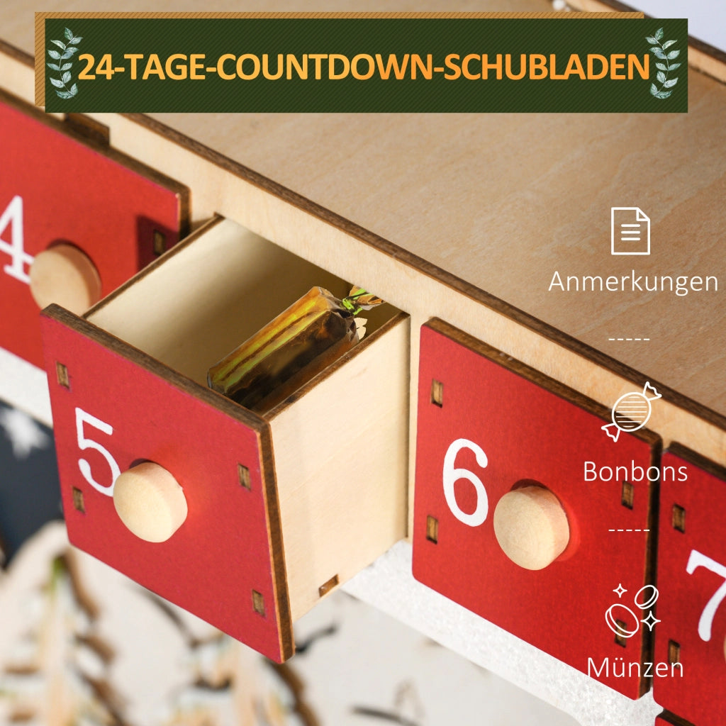 Calendario dell'Avvento LED con Villaggio, 24 Cassetti, MDF, 34x7x34 cm, Rosso ¨C zephmum ¨C LED, Villaggio, 24 Cassetti, MDF, 34x7x34 cm, Rosso