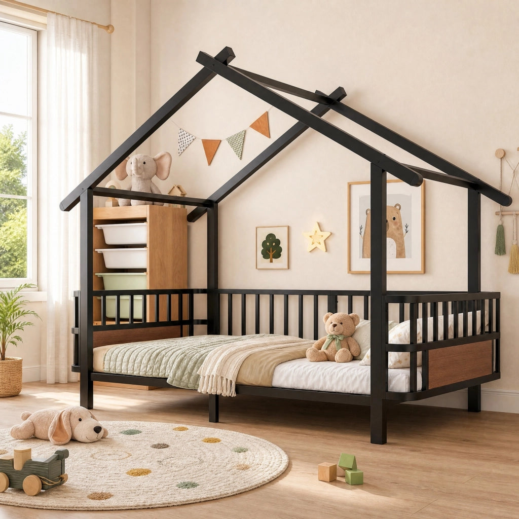 Letto per bambini in metallo a forma di casetta 90x200 cm, con sponde di sicurezza, nero