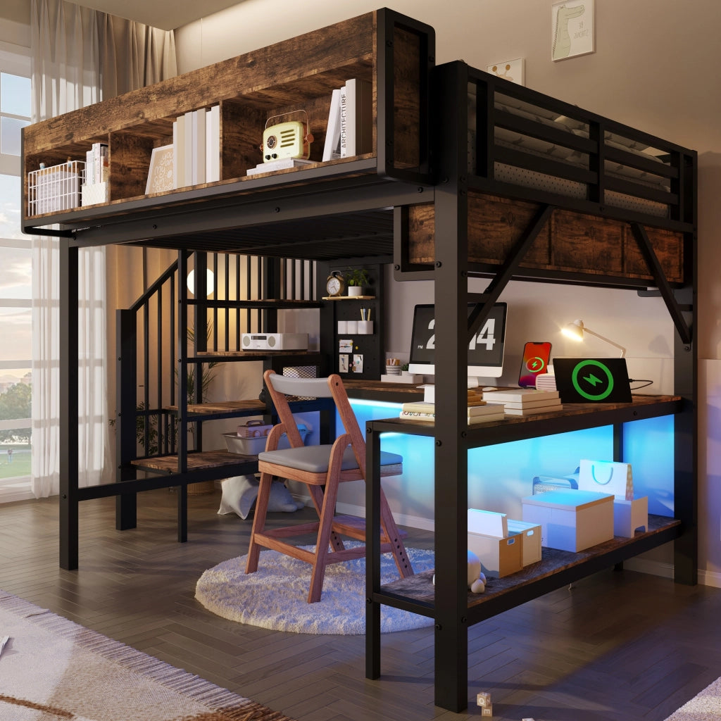 Letto a soppalco 140x200 cm, con scrivania ad angolo, porta USB/Type-C, lampada a LED, nero e marrone